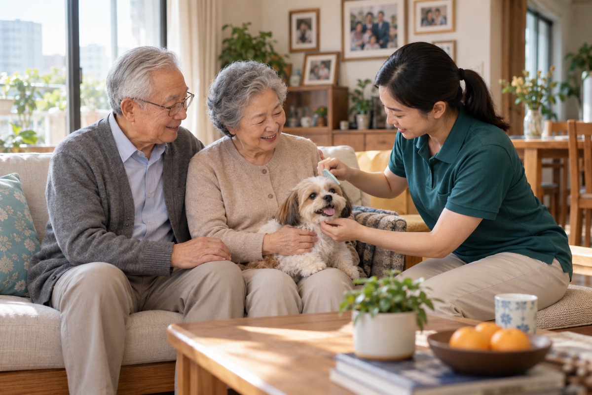宠托师帮助老人完成宠物日常照护