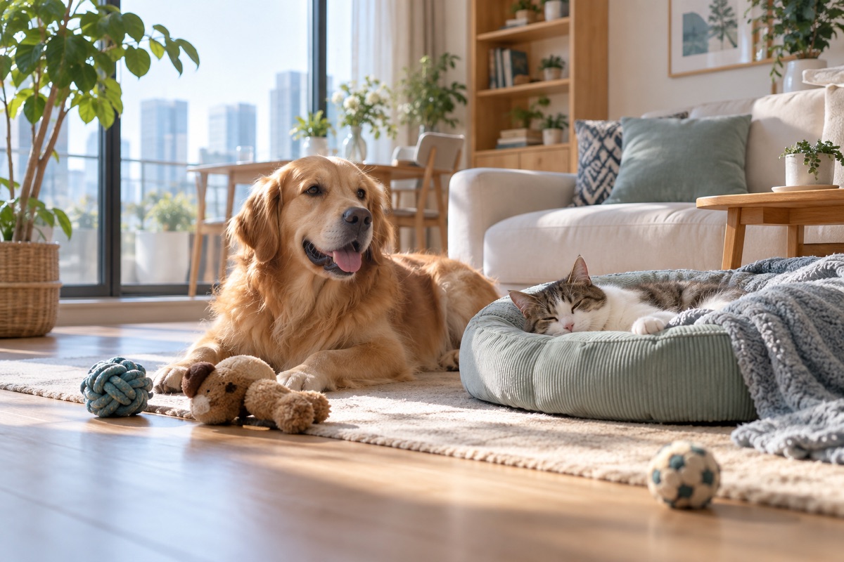 猫咪和狗狗在熟悉的家中安静休息